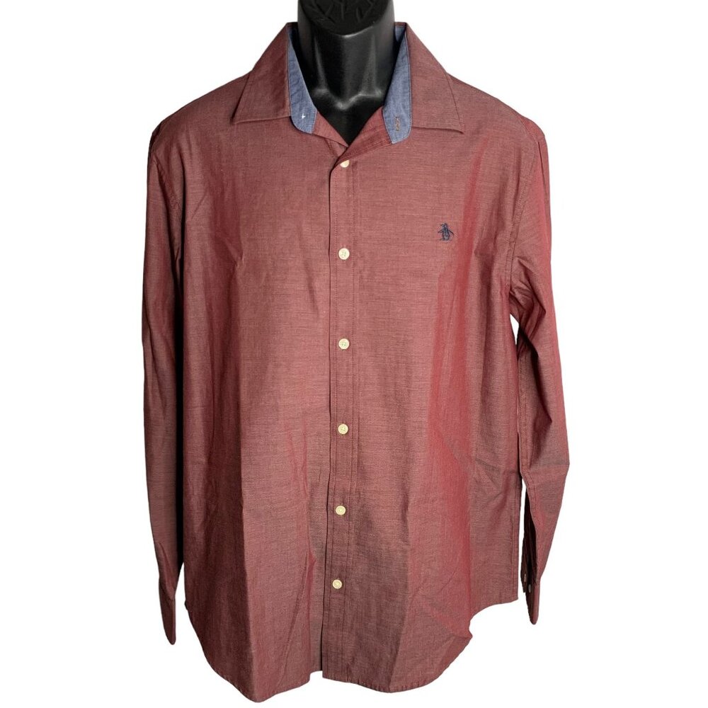 Penguin Classic Fit Button Up Shirt L Red Long Sleeve Point Collar Cotton Blend